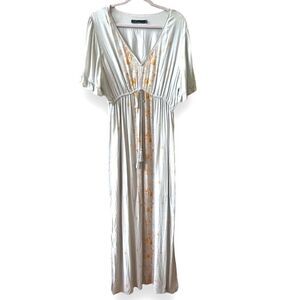 Crimson Maxi Dress Size XL Cream with Orange Floral Embroidery Flutter Sleeve